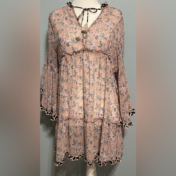 Umgee Dresses & Skirts - Umgee Leopard Trim Floral Boho Dress Tassel Tie 3/4 Sleeve Cottagecore Large